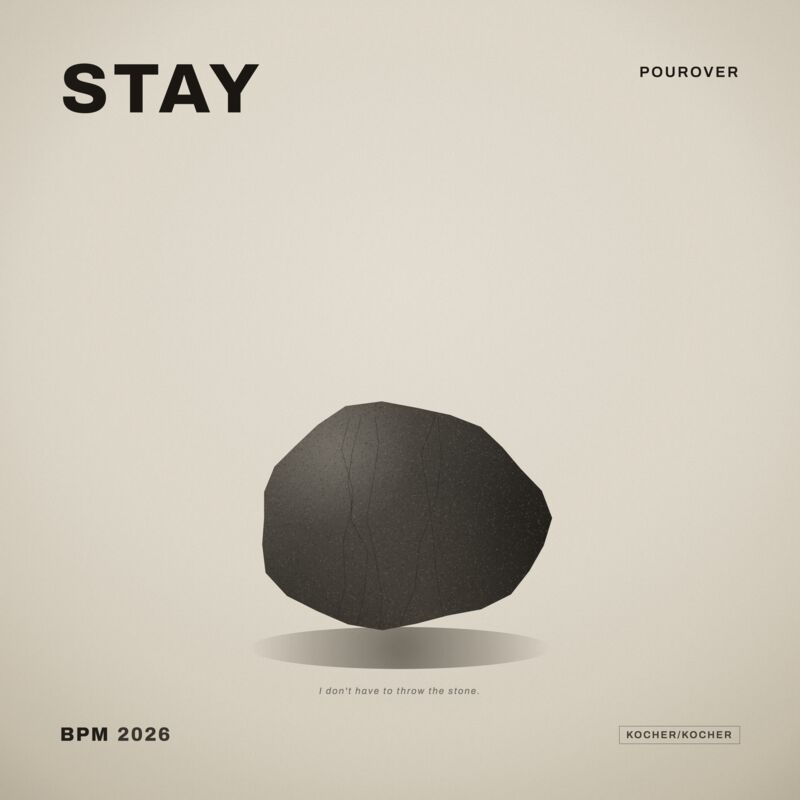 STAY — cover art. A dark stone floating above its shadow on a pale field.